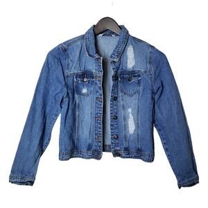 Jean Jacket Distressed Denim 100% Cotton Western Womens Medium Cropped Trucker